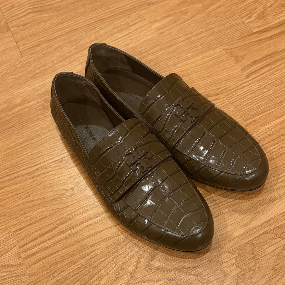 Tory Burch Olive Green Croc-Embossed Leather Loafers